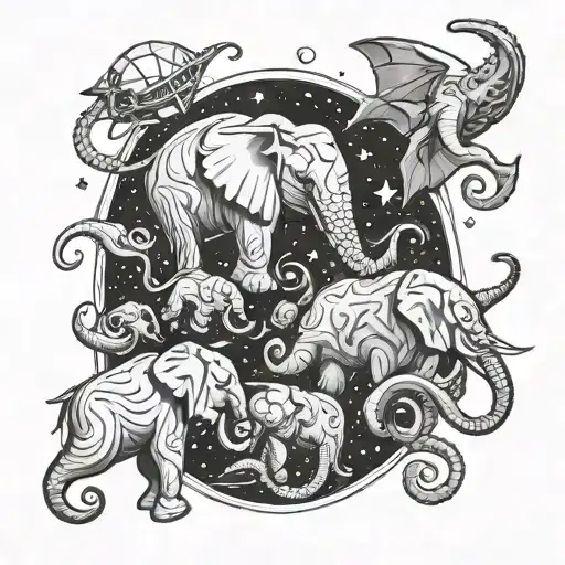 space and octopus and elephants tattoo design idea