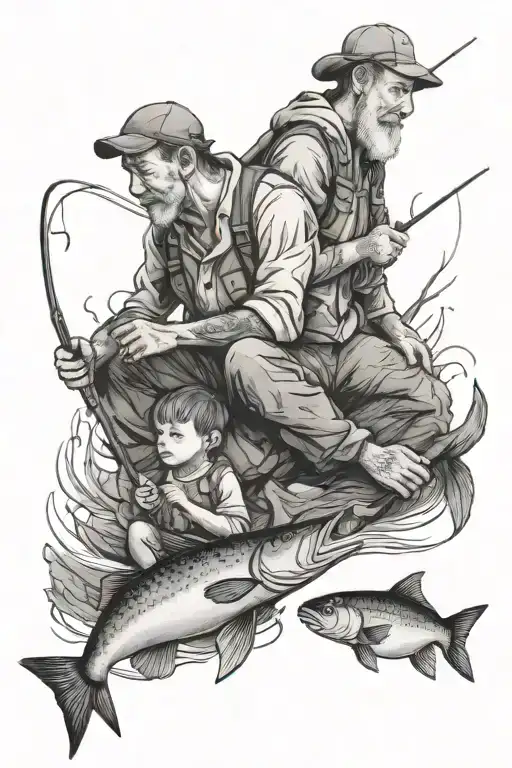 deceased father and son fishing tattoo design idea
