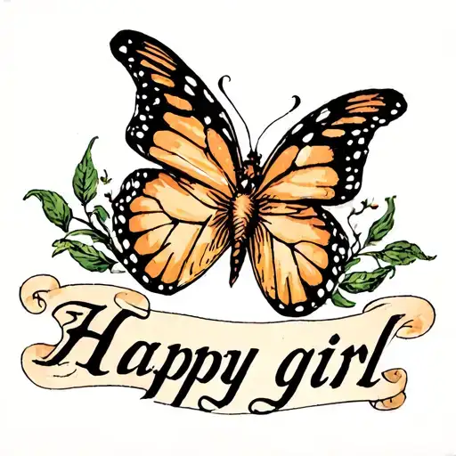 Butterfly with words under it in old English saying "Happy girl" at a curve  tattoo design idea
