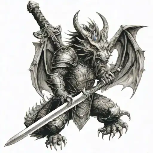 Asian Styled Dragon Faced with a knight holding a sword tattoo design idea