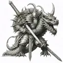 Asian Styled Dragon Faced with a knight holding a sword tattoo design idea