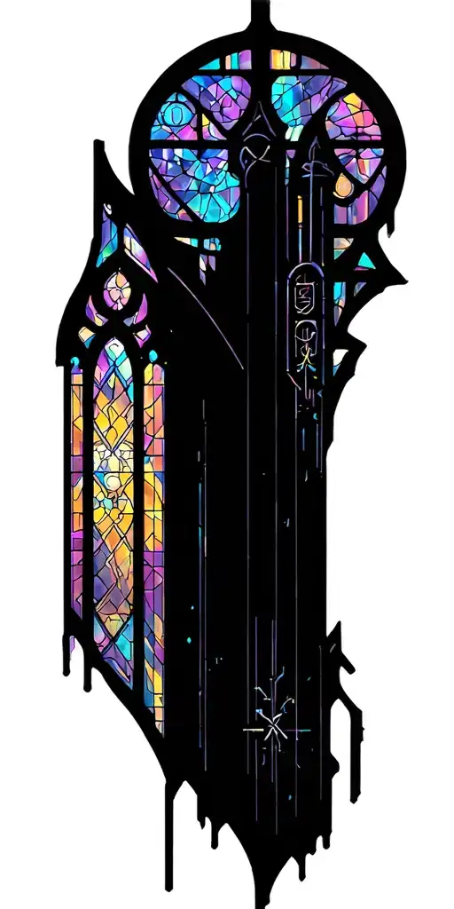 stain glass cathedral window with aged stone gothic architecture tattoo design idea