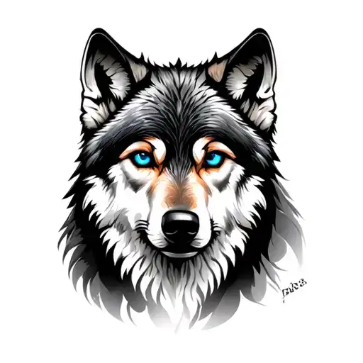Create realistic wolf tattoo ideas, redheading to the moon, with detail from the blue eye to cinnamon tattoo design idea
