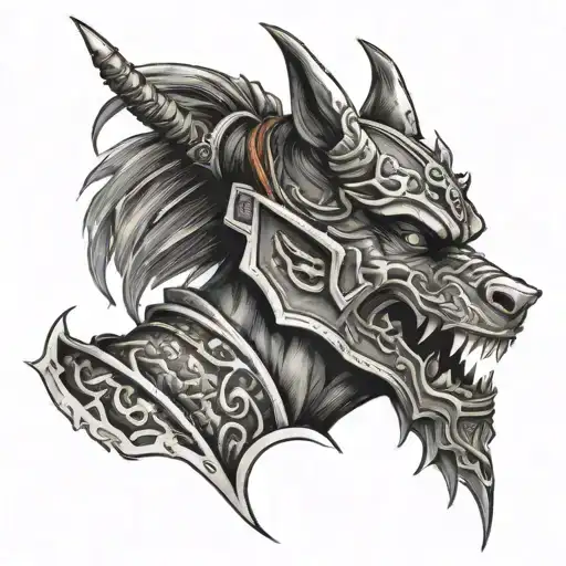 samurai with Oni mask with lone wolf tattoo design idea