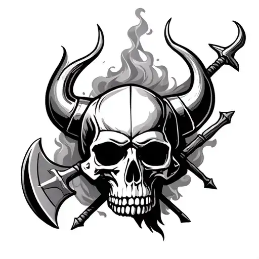 viking skull with smoke swirling and spears and axes in the background tattoo design idea