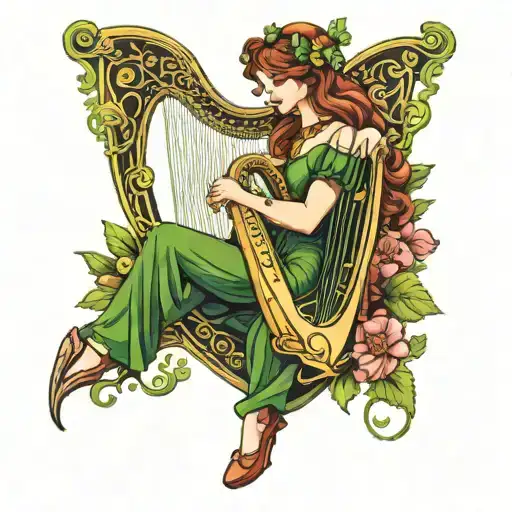 Irish fairy clover harp tattoo design idea