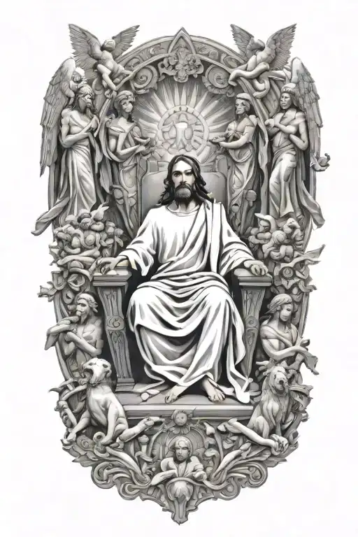 Jesus on the throne in Heaven surrounded by archangels tattoo design idea