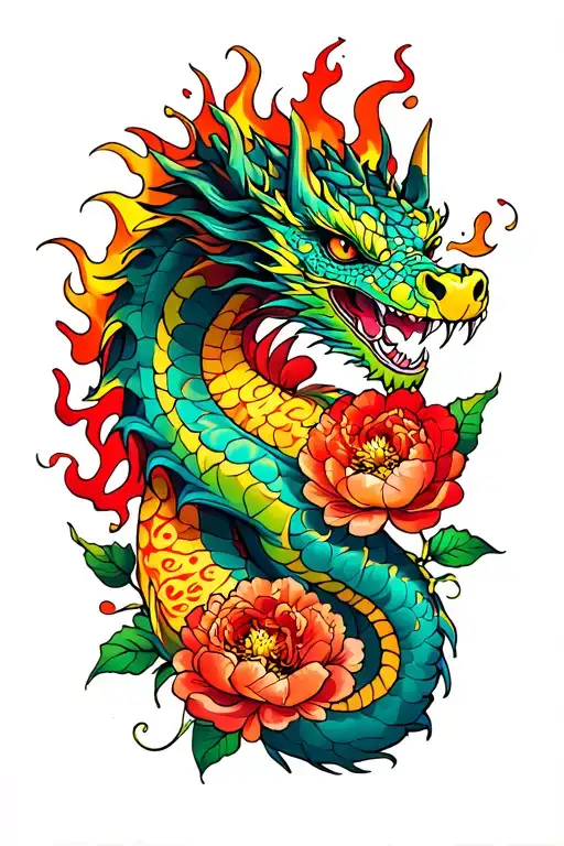 sleeve with dragon in color and leopard print peonies and flames tattoo design idea