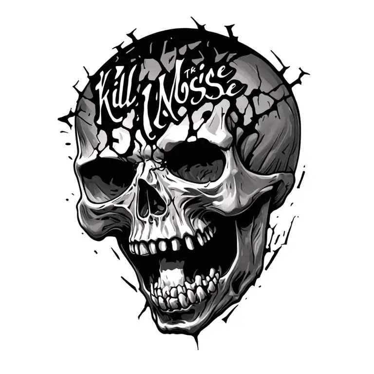 screaming skull says Kill The Noise cracked in it tattoo design idea