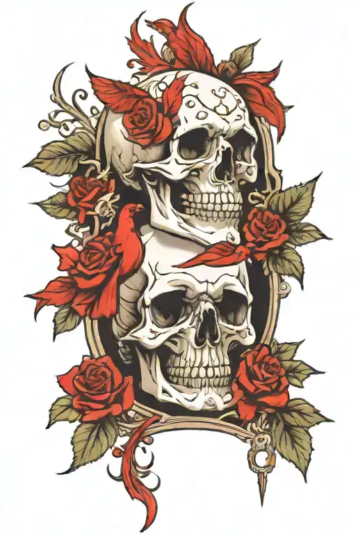 skull,cross, cardinal,white rose tattoo design idea