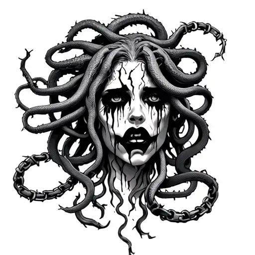 Medusa with a cracked face with black tears 11 snakes, 1 barbed wire chain wrapped around the neck  tattoo design idea