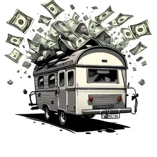 caravan with roof bursting with dollars bill tattoo design idea