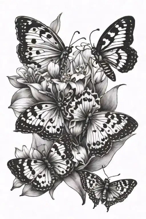 ladybugs, butterfly, lily of the valley, narcisus flower tattoo design idea