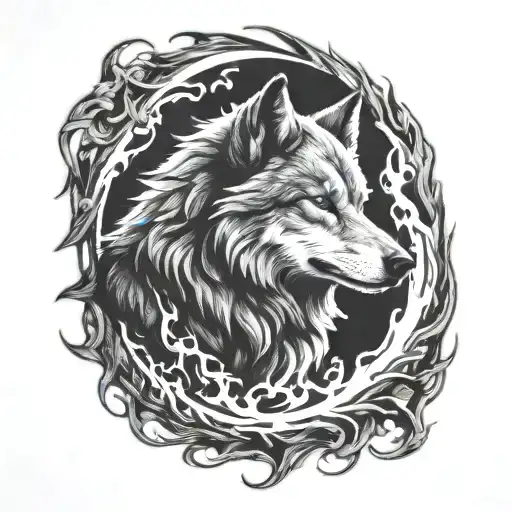 shadow of a wolf with a half circle  on fire representing the sun black and white skin on fire tattoo design idea
