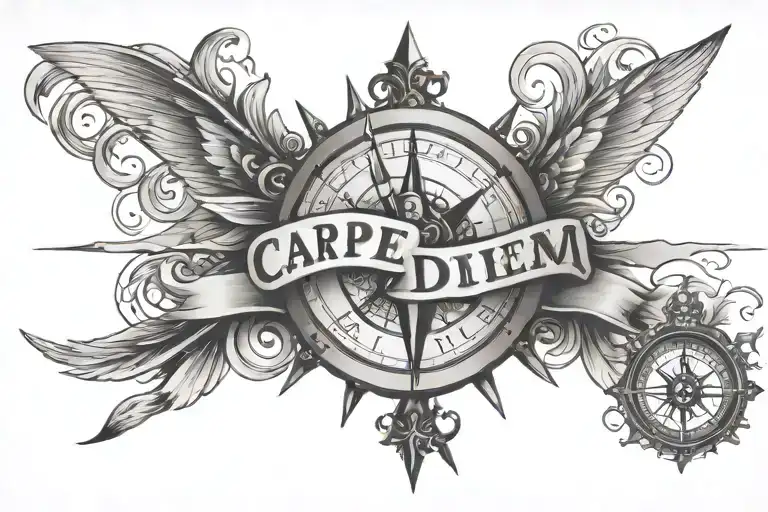the words carpe diem with hour glass and compass  tattoo design idea