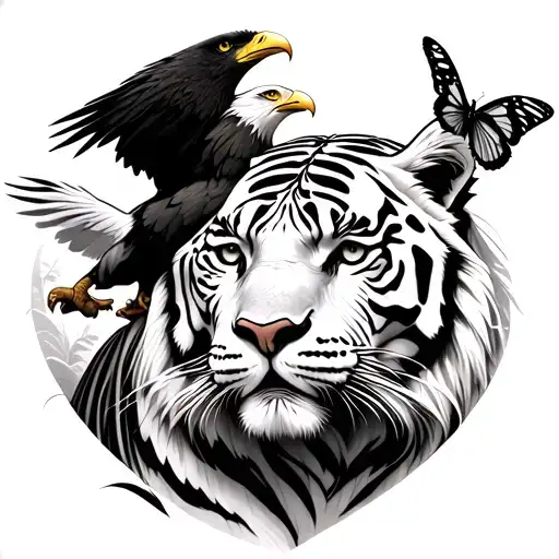 white tiger with bald eagle and a butterfly  tattoo design idea