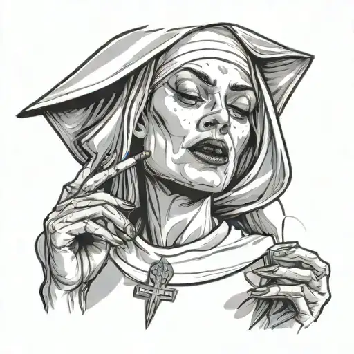 a sexy nun smoking a cigarette being consumed tattoo design idea