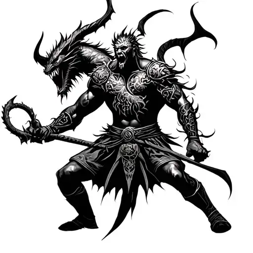 warrior fighting demons tattoo design idea