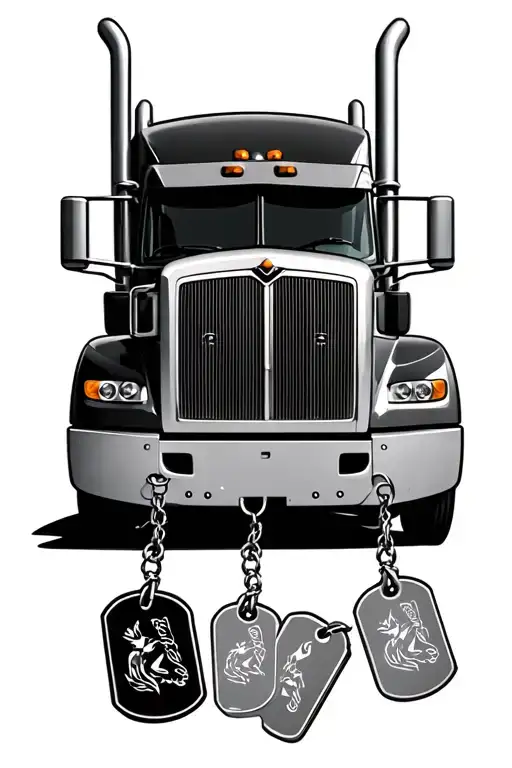dog tags hanging on a semi truck rear view mirror from inside the cab looking out tattoo design idea
