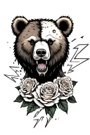bear head with half of his skin ripped off surrounded by roses and lightening bolts  tattoo design idea