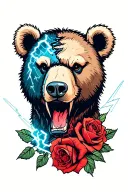 bear head with half of his skin ripped off surrounded by roses and lightening bolts  tattoo design idea