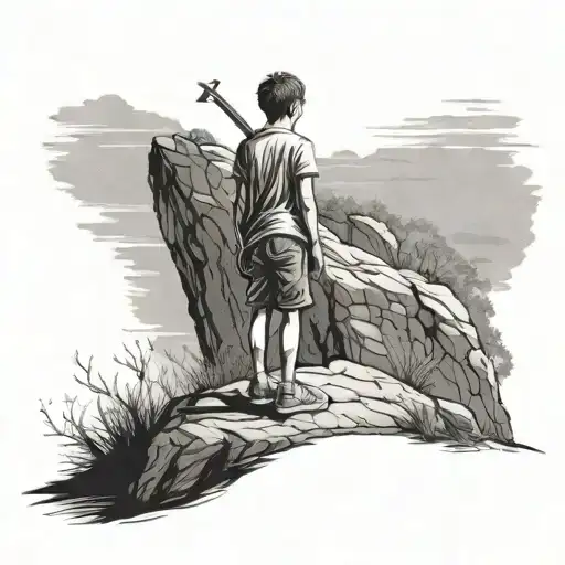 Central Figure: A young boy standing at a crossroads or at the edge of a cliff, representing a critical moment in life w tattoo design idea