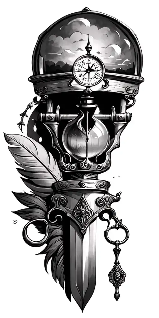 lighthouse, flintlock pistol, hourglass, quill pen, cutlass sword and compass tattoo design idea
