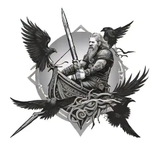 Sword Ragnar Lothbrok with crows and a viking boat on the sea tattoo design idea