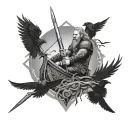 Sword Ragnar Lothbrok with crows and a viking boat on the sea tattoo design idea