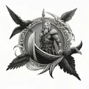 Sword Ragnar Lothbrok with crows and a viking boat on the sea tattoo design idea
