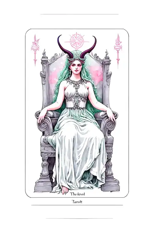 Create a Tarot Card for The devil Tarot card. Elegant goddess on a throne. watercolour. Grey, Sage green and soft pink  tattoo design idea
