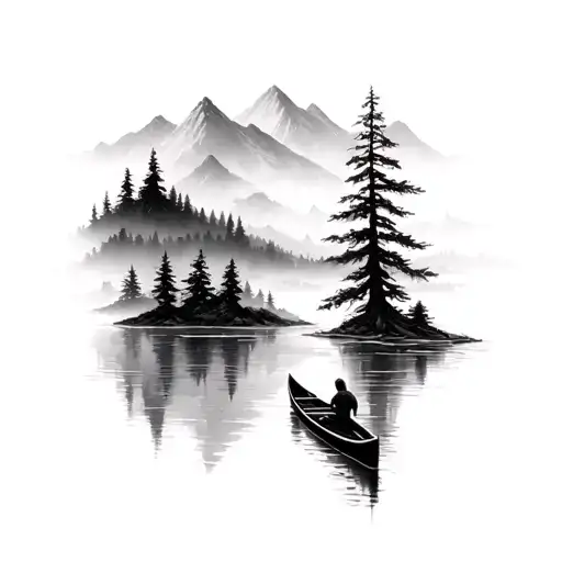 canoe in a river running through mountains in fog tattoo design idea