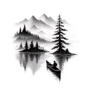 canoe in a river running through mountains in fog tattoo design idea