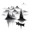 canoe in a river running through mountains in fog tattoo design idea