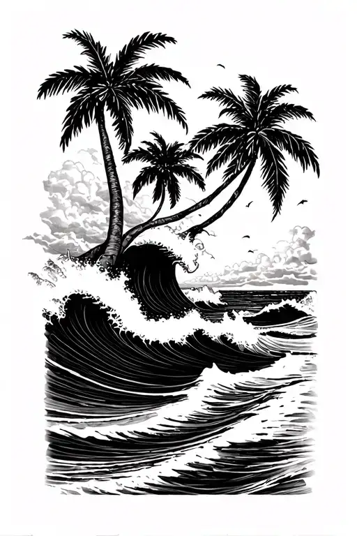 Ocean with aggressive waves and palm trees with beach tattoo tattoo design idea