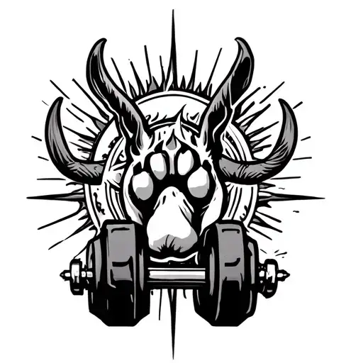 Straight back tattoo with a dog paw, a horse horsetle, a sun, bull sign and a gym dumbbell tattoo design idea