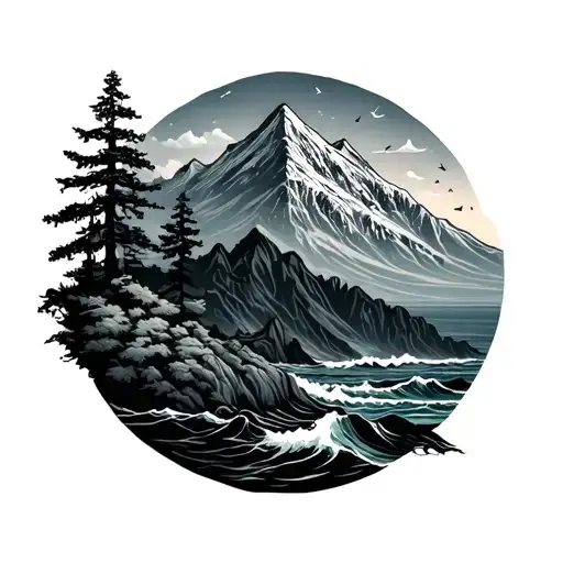 mountain birds trees ocean tattoo design idea