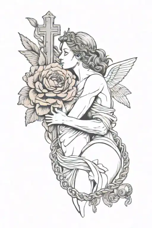 Eros and Psyche kissing statue with red peonies wrapped around and a rosary with a cross  tattoo design idea