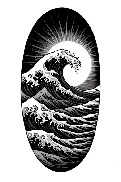  gentle wave, sun rise, Greek key band at base of sleeve tattoo design idea