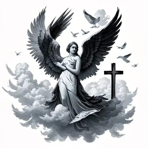 fallen angel, cross, doves and clouds tattoo design idea
