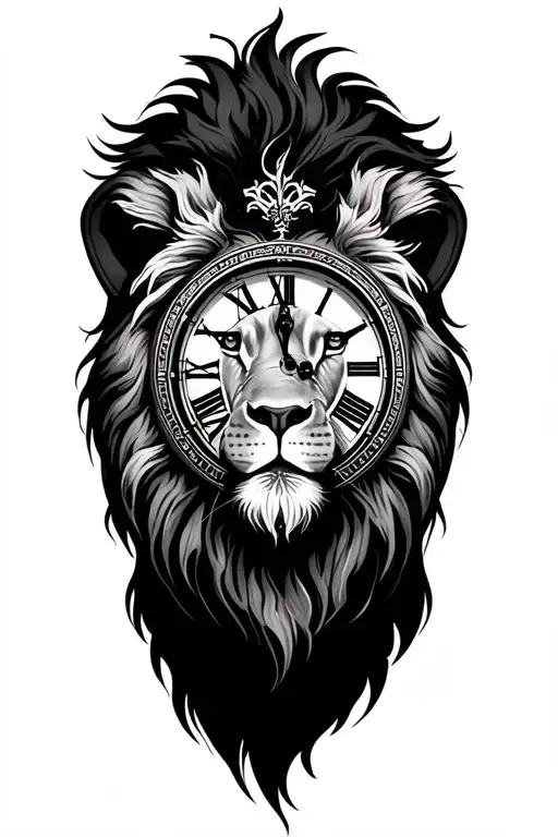 clock and lion tattoo design idea