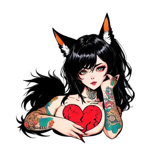 anime woman with black hair, tattoos, fox tail and fox ears stitching together a broken heart wrapped with fox tails tattoo design idea