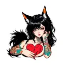 anime woman with black hair, tattoos, fox tail and fox ears stitching together a broken heart wrapped with fox tails tattoo design idea