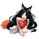 anime woman with black hair, tattoos, fox tail and fox ears stitching together a broken heart wrapped with fox tails tattoo design idea