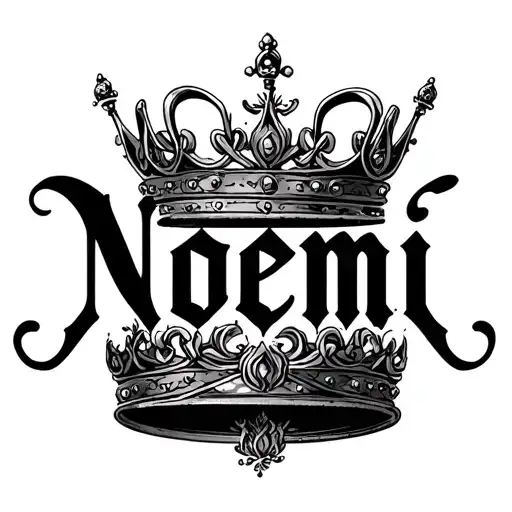 "Noemi" queen crown above the name intertwined tattoo design idea