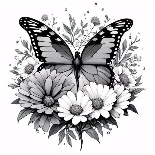 butterfly marigolds and cosmos tattoo design idea