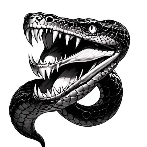 Tattoo: "Realistic, Black and White, Snake head with fangs, coilling body on lower, outside arm, over ellbow to upperarm tattoo design idea