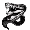 Tattoo: "Realistic, Black and White, Snake head with fangs, coilling body on lower, outside arm, over ellbow to upperarm tattoo design idea