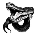 Tattoo: "Realistic, Black and White, Snake head with fangs, coilling body on lower, outside arm, over ellbow to upperarm tattoo design idea