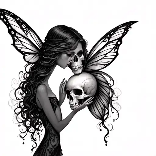 fairy in love with a skull tattoo design idea